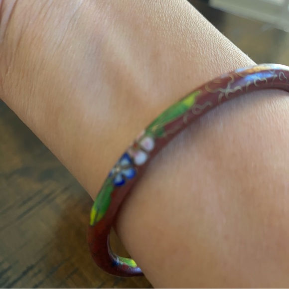 Vintage Cloisonné Enamel Hand Painted Small Bangle Bracelet Red/Flowers - Picture 3 of 6